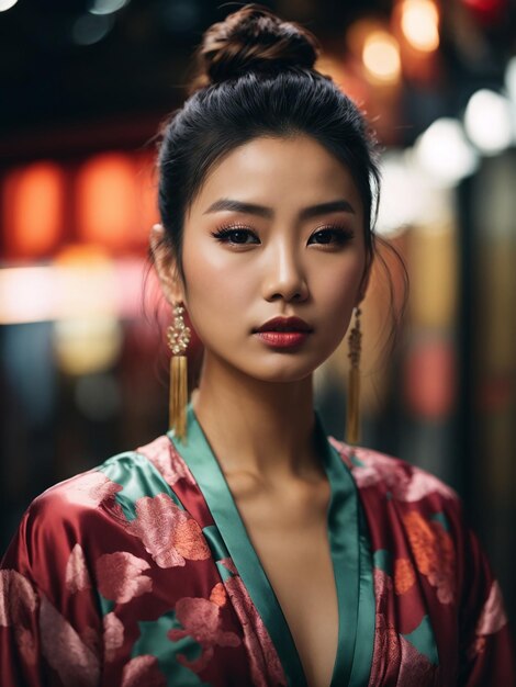 Jolies femmes chinoises avec un dessus en désordre nœud bun maille belle coupe robe de haut