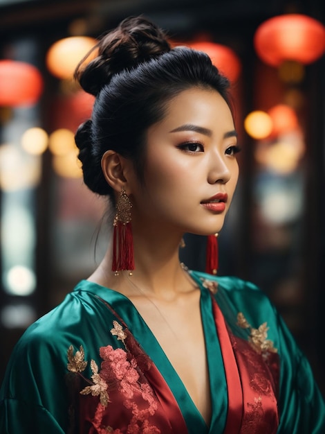 Jolies femmes chinoises avec un dessus en désordre nœud bun maille belle coupe robe de haut