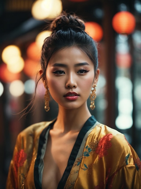 Jolies femmes chinoises avec un dessus en désordre nœud bun maille belle coupe robe de haut