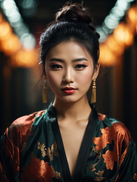 Jolies femmes chinoises avec un dessus en désordre nœud bun maille belle coupe robe de haut