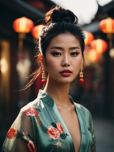 Jolies femmes chinoises avec un dessus en désordre nœud bun maille belle coupe robe de haut