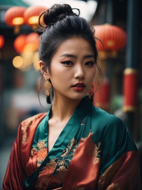 Jolies femmes chinoises avec un dessus en désordre nœud bun maille belle coupe robe de haut