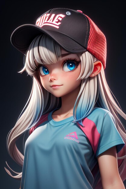 Jolies filles de dessins animés avec de grands yeux bleus portant un chapeau et une chemise à manches courtes personnage d'anime cool