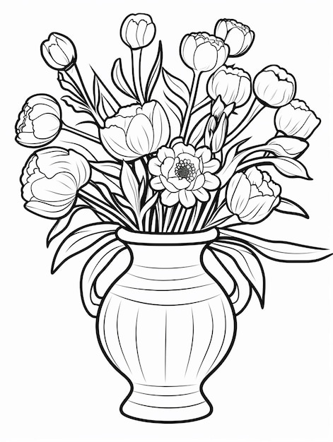 De jolies fleurs dans un vase Kawaii Carte à colorier pour enfants