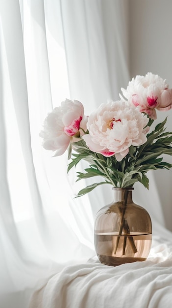 Jolies fleurs dans un vase en verre Beau bouquet de pivoines blanches Composition florale s Générative AI