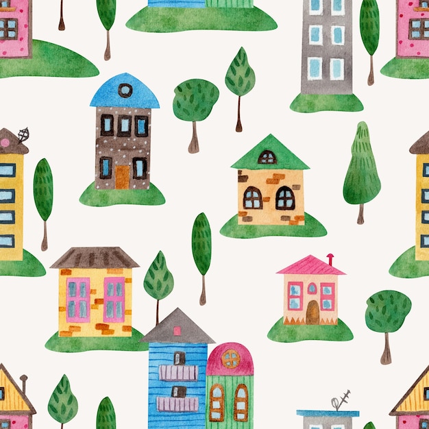 Jolies maisons de la ville motif sans couture illustration à l'aquarelle