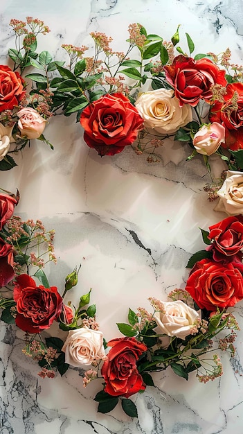 Jolies roses disposées en forme de cœur sur du marbre