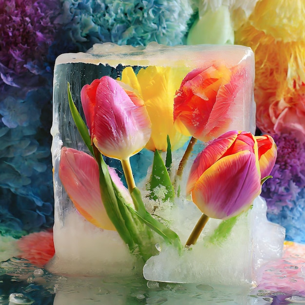 Photo de jolies tulipes congelées dans un cube de glace dans les couleurs de l'arc-en-ciel tulipes de printemps tulipes en fleurs