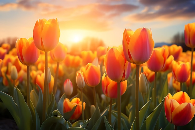 De jolies tulipes avec le soleil en arrière-plan