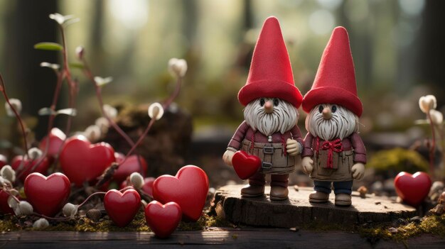 Photo jolies valentines gnomes chapeaux rouges cœurs fond de la journée de la saint-valentin fond pour banner hd