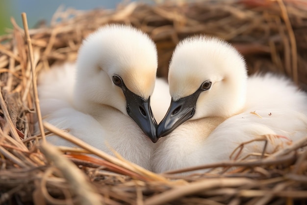 De jolis bébés cygnes nichés dans une vue rapprochée