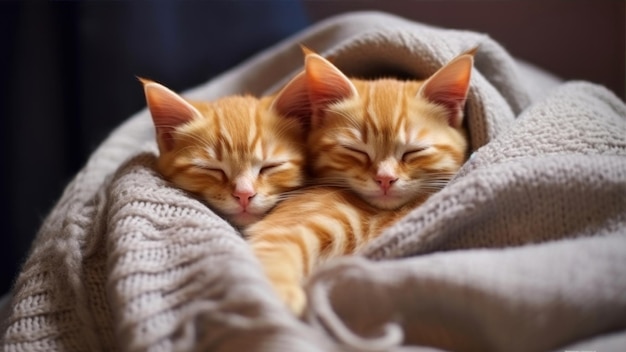De jolis chatons au gingembre dorment ensemble sur une couverture douce en gros plan