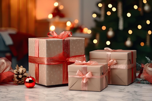 Jolis coffrets cadeaux de Noël avec ruban rouge et pommes de pin sur la table près de l'arbre dans la chambre