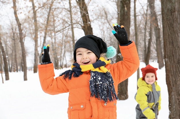 Jolis garçons jouant dans un parc enneigé en vacances d'hiver