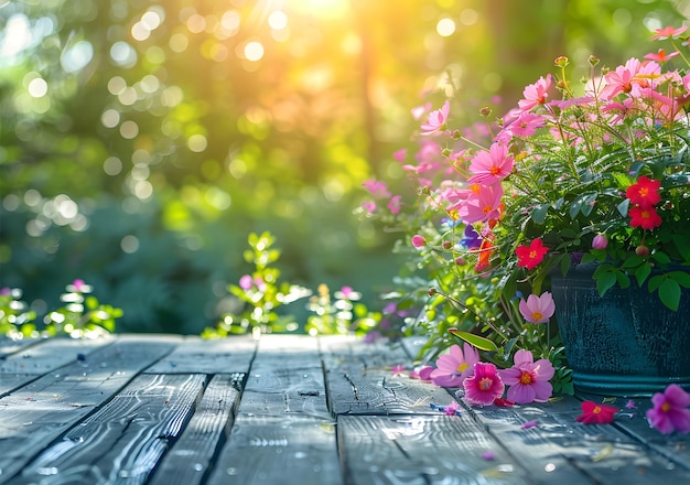 Photo de jolis pots de fleurs sur une terrasse en bois