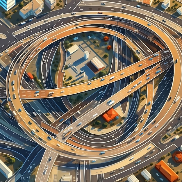 Photo jonction d'autoroute vue de haut intersection de route avec virages et cercle et viaducs