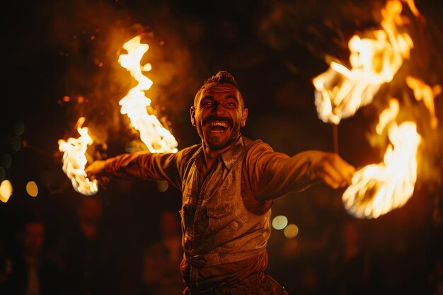 Un jongleur qui lance et attrape habilement des torches en flammes avec un grand sourire captivant les spectateurs avec des exploits audacieux