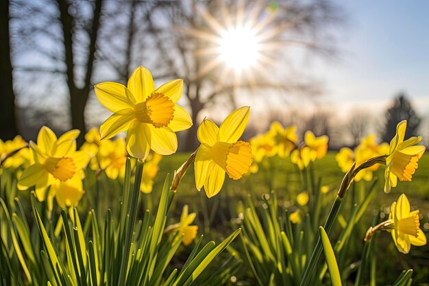 Photo des jonquilles au printemps éclairées par le soleil