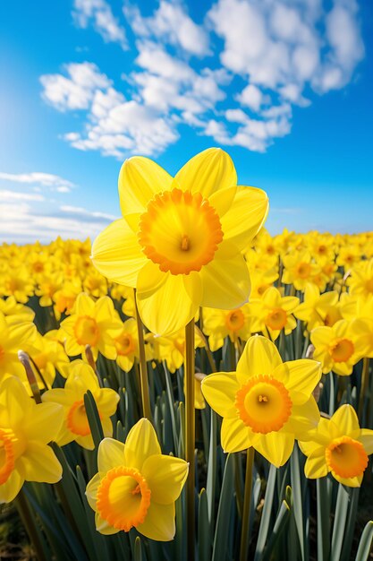 Des jonquilles baisées par le soleil debout sous le ciel bleu