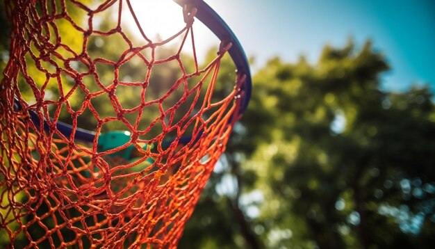 Photo jouer au basket sous la lumière dorée du coucher du soleil générée par l'ia