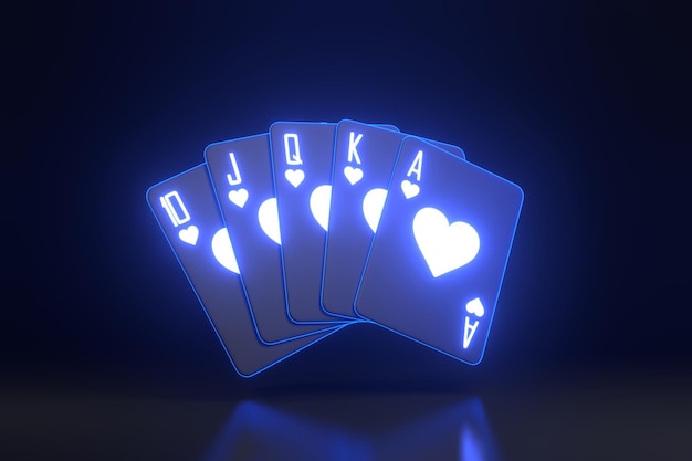 Jouer aux cartes avec des lumières bleues néon futuristes sur un fond noir Cartes de casino blackjack poker 3D