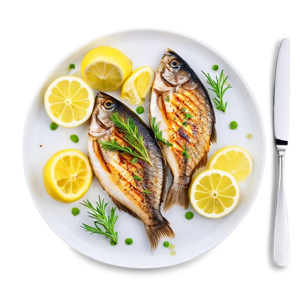 Des joues de poisson grillées à la texture tendre garnies de citron et d'herbes capturées d'en haut