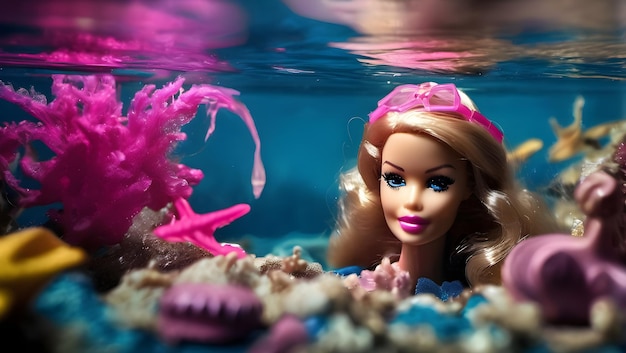 Photo un jouet barbie sous l'eau