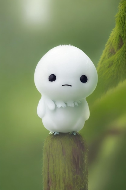 Un jouet blanc au visage triste est posé sur une plante verte.