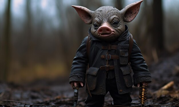 Photo un jouet d'un cochon portant une veste avec un pistolet dessus