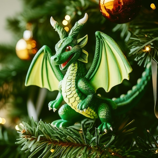 Jouet dragon en bois vert le joli signe du nouvel an sur fond de Noël