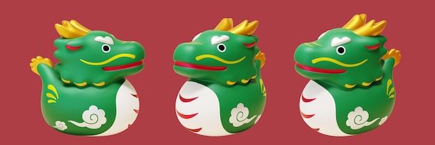 Jouet de dragon oriental de dessin animé mignon en 3D sous différents angles isolé sur fond rouge foncé
