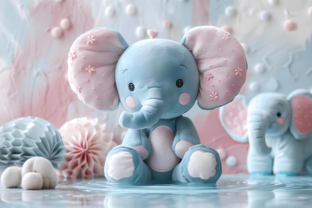 Jouet d'éléphant charmant dans le paysage aquatique de rêve Concept de jouets d'enfance Elephants de rêve pastel