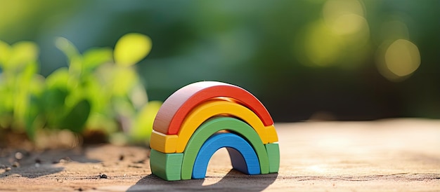 Un jouet d'enfant en bois avec un arc-en-ciel et des détails colorés