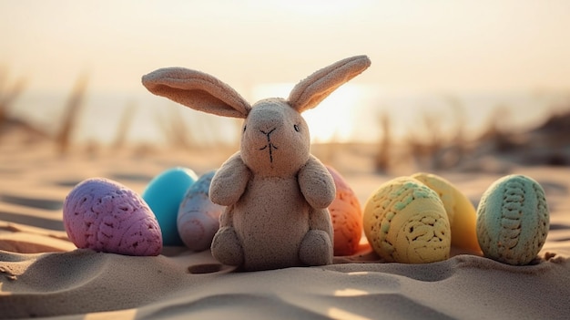 Jouet de lapin mignon et oeufs de pâques peints colorés à la plage faible profondeur de champ concept de joyeuses pâques