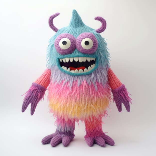 Un jouet de monstre tricoté coloré sur fond blanc