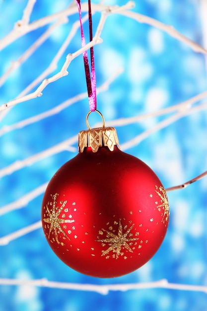 Jouet de Noël accroché à la branche sur fond bleu