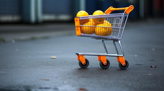 jouet de panier d'achat avec des étiquettes noires sur le sol en bois et un fond jaune