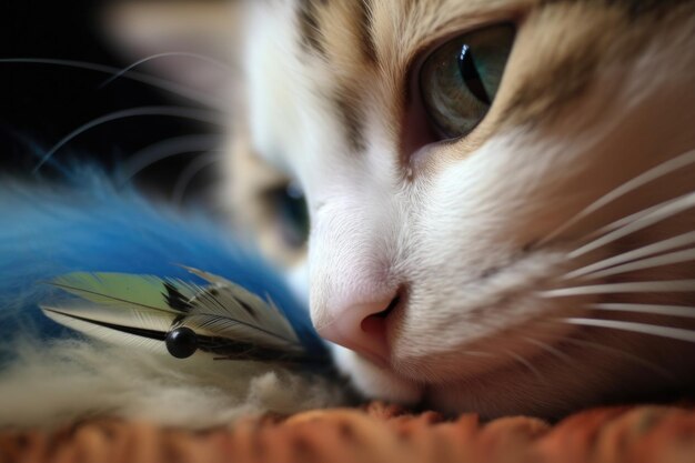 Jouet en plumes reposant sur les yeux croisés du nez des chatons créé avec une IA générative