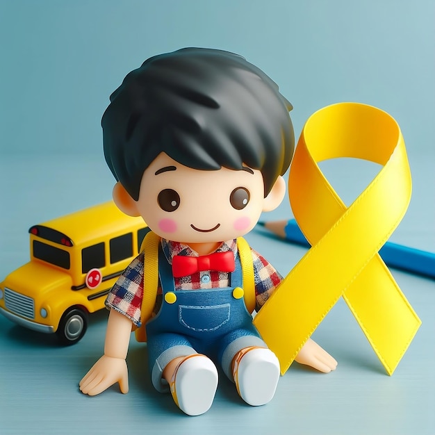 Jouet pour enfants avec un ruban jaune de sensibilisation au cancer infantile sur un fond bleu