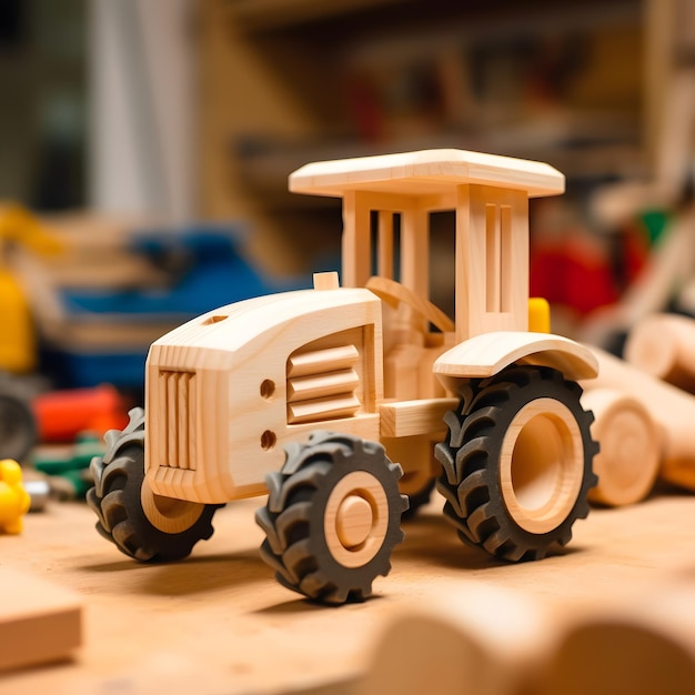 Un jouet tracteur en bois dans un atelier de menuiserie