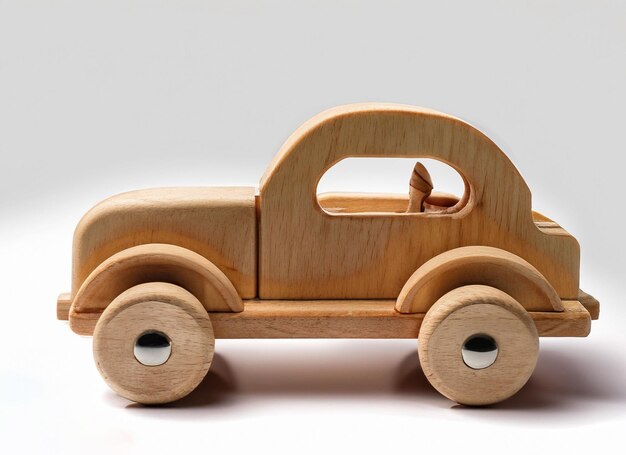 Jouet de voiture en bois sur fond blanc Generative ai