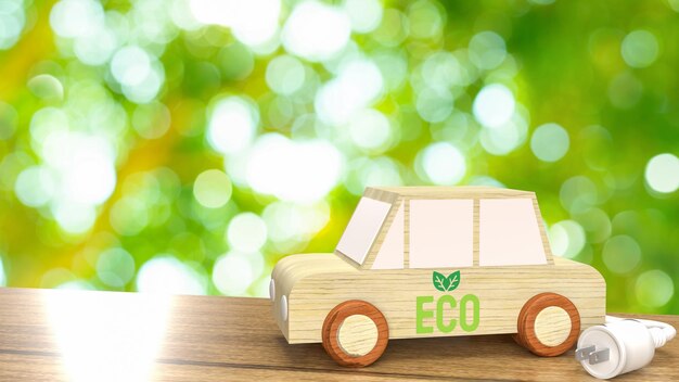 Le jouet de voiture en bois et la prise électrique pour le rendu 3d du concept de voiture ev