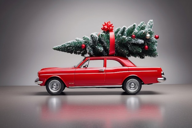 Un jouet de voiture rouge avec un arbre de Noël sur le dessus