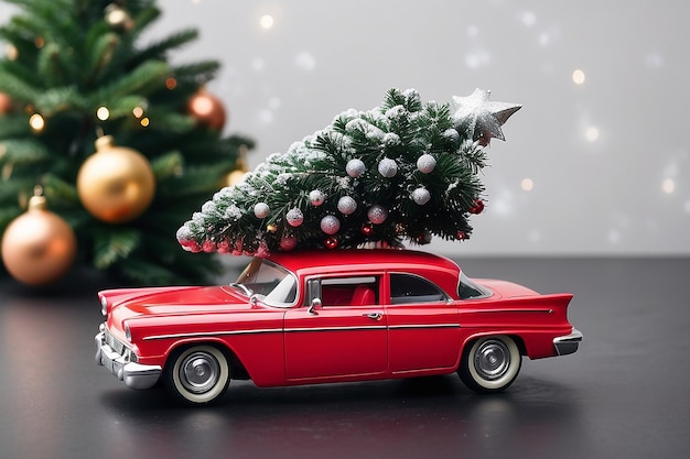 Un jouet de voiture rouge avec un arbre de Noël sur le dessus