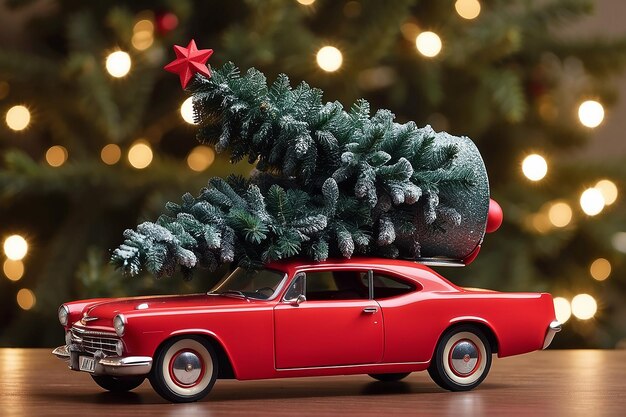 Un jouet de voiture rouge avec un arbre de Noël sur le dessus