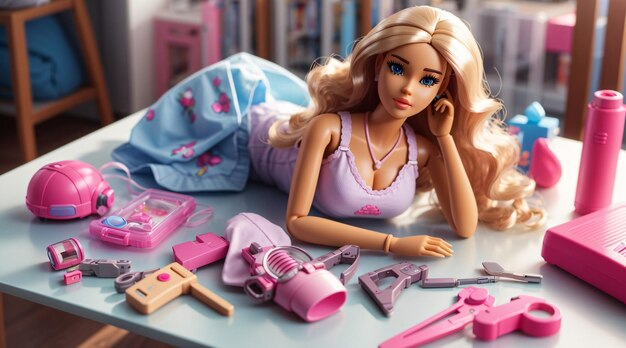 Des jouets Barbie réalistes sur la table