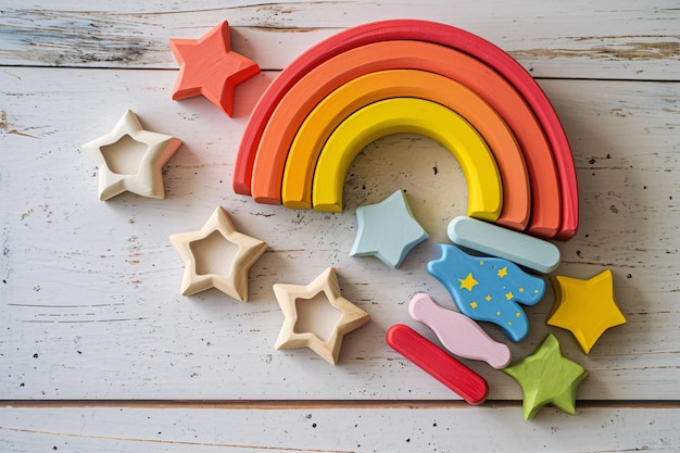 Photo des jouets en bois colorés sur une table ia générative