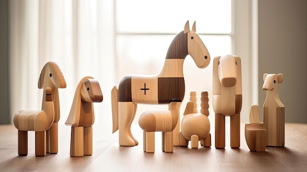 Des jouets en bois miniatures debout à cheval avec des courbes gracieuses et lisses et une texture en blocs de bois