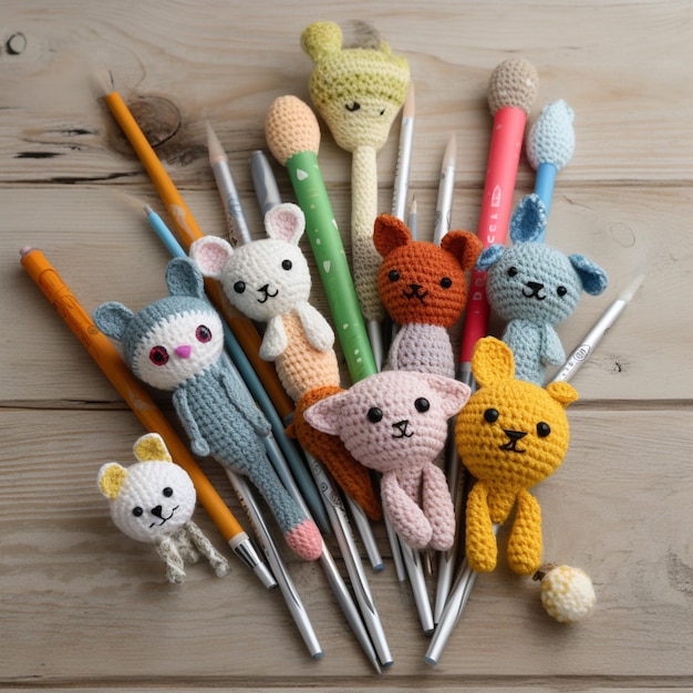 Les jouets en crochet sont exposés sur une surface en bois.