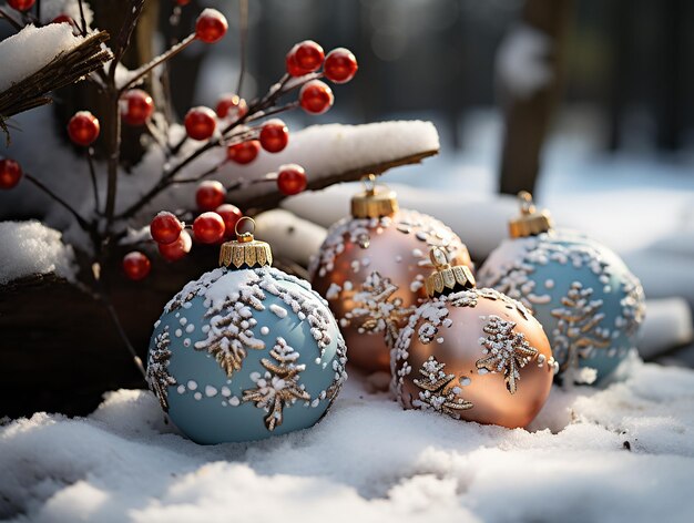 Des jouets de Noël, un sapin en hiver dans la forêt, une nouvelle année.